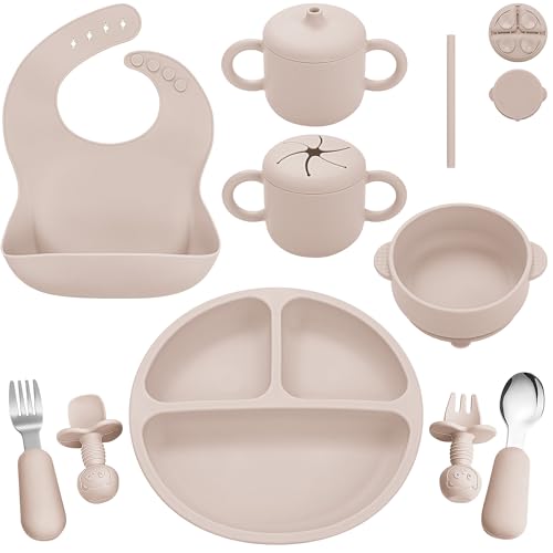 Image of Bufims Silicone Baby Feeding Set, Baby Led Weaning Supplies, Eating Essentials Utensils with Suction Plate and Bowl, Pocket Bib, Sippy Cup with Lid, Forks Spoons Snack Container, for 6+ Months, Beige