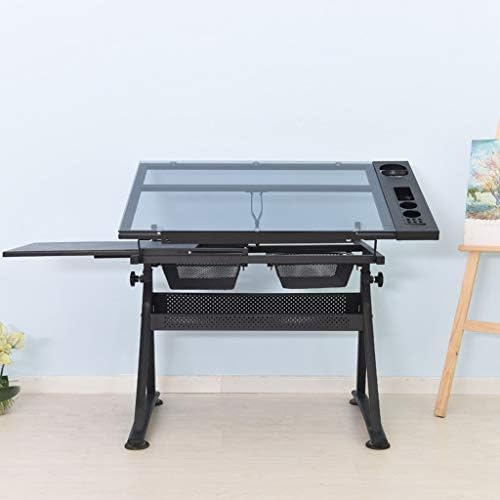 Drafting Desk, Drafting Table with Storage, Height Adjustable Tiltable Art Desk, Glass Panel Drawing Desk, for Work Painting Craft Table(