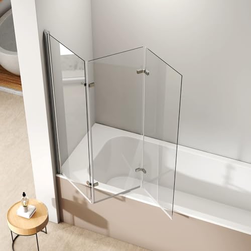 EMKE Duschwand für Badewanne 130x140cm, Duschtrennwand für Badewanne 3-teilig Faltbar Badewannen Duschwand, 6mm Sicherheitsglas Duschabtrennung Badewanne Badewannenaufsatz