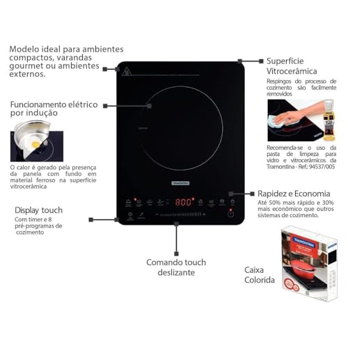 Cooktop Portátil por Indução Tramontina Slim Touch 9471413 com 1 Boca Preto glide