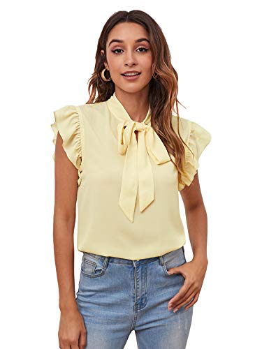 a long-haired woman wearing big earrings, a light yellow ruffle-sleeve blouse and denim pants