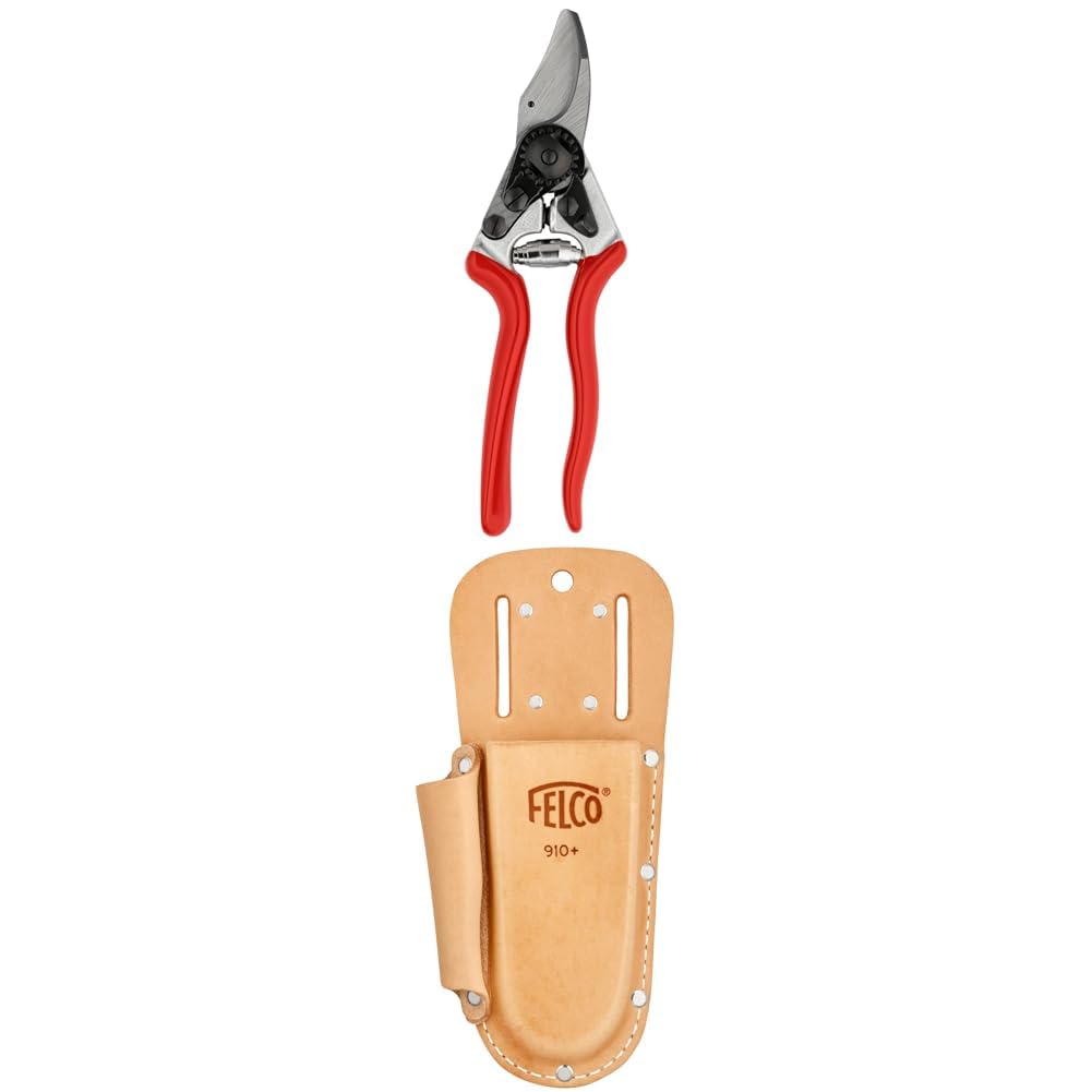 FELCO 16 Linkshänder-Gartenschere mit Lederholster 910+ – Kompaktes Set für Linkshänder, ideal für präzise Arbeiten im Garten
