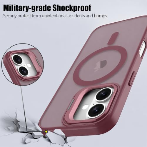 Image of Elzzi Kickstand Case for iPhone 16 Case Compatible with MagSafe, Built-in Adjustable Camera Guard Stand, Translucent Matte Anti-Fingerprint Heavy Duty Shockproof Phone Cover - Cherry