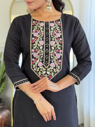 Image of Naixa Women's Black Rayon Embroidered Straight Kurta with Rayon Pant and Taby Printed Dupatta Sets (NX-673)