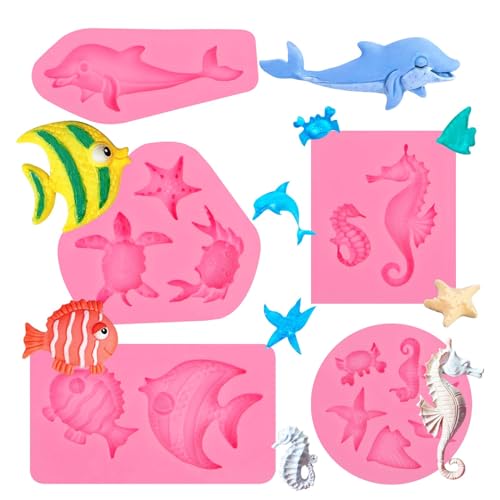 SUNCN タツノオトシゴ シリコンフォンダン型 イルカ チョコレート型 5個パック カメ 熱帯魚 キャンディ型 赤ちゃんの誕生日ケーキデコレーション カップケーキトッパー ガムペースト 樹脂 ポリマー粘土