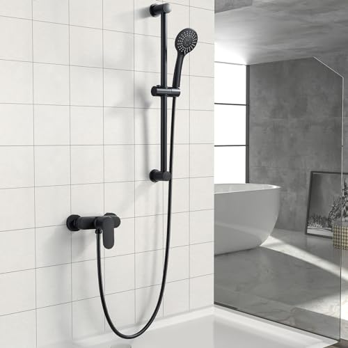Rehomthy Duscharmatur Schwarz mit Brausegarnitur, Mischbatterie Dusche Wandmontage mit Einhand- Brausebatterie | 635mm Duschstange | Duschbrause mit 1.5m Schlauch, Duschsystem Duschset