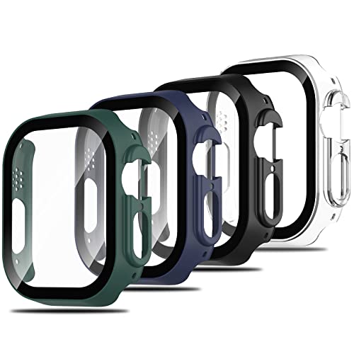 Simpeak 4 Pezzi Cover Compatibile con Apple Watch Ultra3/2/Ultra 49mm, Custodia Caso con Vetro Temperato HD Pellicola Protettiva, Anti-Graffio, Full Protezione, Trasparente,Nero,Blu,Verde