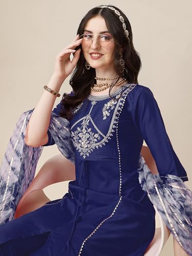Image of EthnicJunction Women's Chinon Embroidered Straight Front Slit Kurta Palazzo & Organza Dupatta Set | Wedding | Heavy | Outfit | Suit
