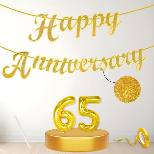 Image of Flyloons 65th Happy Anniversary Banner Gold Decorations Kit for Men Women Wedding Anniversary Banner Items without Balloons