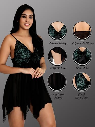 Image of Babydoll Lace Nighty for Women | Sensual Elegance with Adjustable Straps and V-Neck Design.
