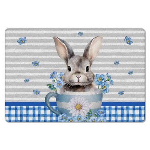 Easter Rabbit Kitchen Bath Door Mat Cushioned Runner Rug,Washable Welcome Floor Sink Antifatigue Mat,Waterproof & Non-Slip Comfort Standing Doormat,Blue Flower Grey White Stripes Retro Lattice 18