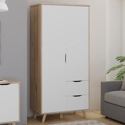 Forte VANKKA Armario 95 Armario Armario con 2 Puertas y 2 Cajones, Madera de Madera de Roble Planked Decoracion con Blanco, 94,7 cm de Ancho, 201,5 cm de Alto, 52,7 cm de Profundidad
