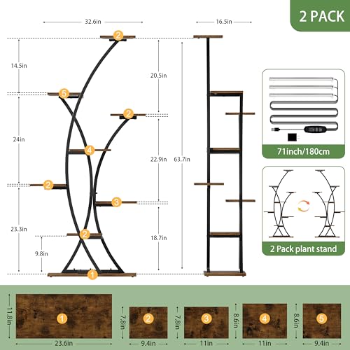 Image of Plant Stand Indoor with Grow Lights: 64 inch 2 Pack Large Plant Stands, 8 Tiered Curved Plant Shelf for Indoor Plants Multiple, Tall Lighted Corner Display Stands, Flower Holder for Living Room, Patio