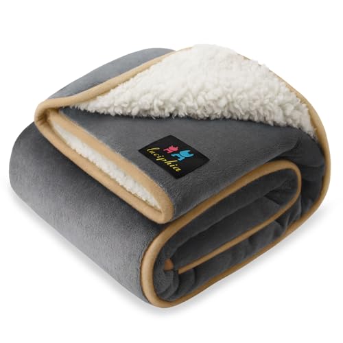 Image of Waterproof Pet Blanket, Liquid Pee Proof Dog Blanket for Sofa Bed Couch, Reversible Sherpa Fleece Furniture Protector Cover for Small Medium Large Dogs Cats, Grey+Beige Large(65 inch x 57 inch)