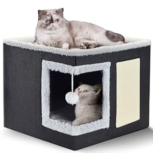 petizer Cat Bed for Indoor Cats, Large Covered Cat House with Scratch Pad, Foldable Cat Cave Bed & Hideaway Cube with Reversible Cushions, Cute Cat Condo for Multi Small Pet Kitten (Dark Grey)
