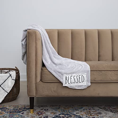Rae Dunn Throw Blanket- Soft, Decorative Blankets For Bed Or Couch, Cozy Throws For Sofa, Plush Light Grey Fleece Throw Embroidered With Blessed, 50 Inches X 60 Inches #TOP1
