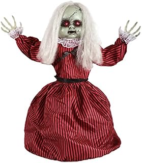 Animatronic Large Doll in Red and Black Dress Halloween Decoration - Red Light up Eyes & Sound Effects - Motorised Wheels - Halloween Props