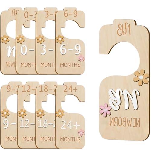 Image of Baby Closet Divider - Double-Sided Wooden Baby Wardrobe Baby Closet Organizer,Daisy Design Nursery Decor Clothes Hanger Dividers for Sorting 8 Sizes from Newborn to 24 Months