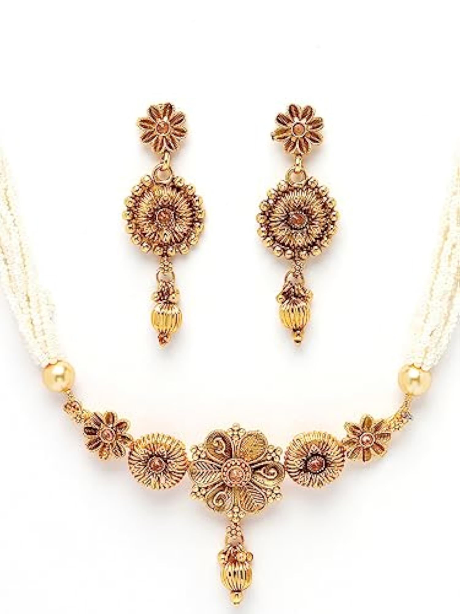 Plated Beads Copper Choker Necklace Set with Drop Earring