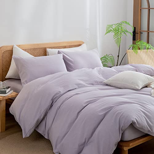 Image of BESTOUCH Cotton Solid Duvet Cover Set Linen Feel Taro Purple Twin | 100% Washed Cotton, Soft Wrinkle Texture, Hidden Zipper, 8 Ties, Breathable Lightweight Durable Comfy, 2 Pcs No Insert