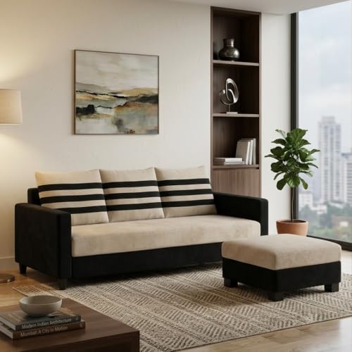 Image of Cavina 4 Seater L Shape Sofa Set with Movable Ottoman | Flexible Left or Right Layout | Luxury Velvet Suede Fabric | Modern Living Room Sofa | Black - Cream