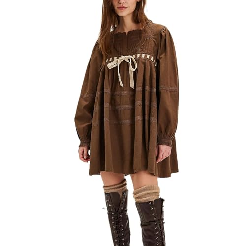 Y2k Women Lace Bow Tie Front Mini Dress Flowy Long Puff Sleeve Embroidered Babydoll Tunic Short Dresses A Line