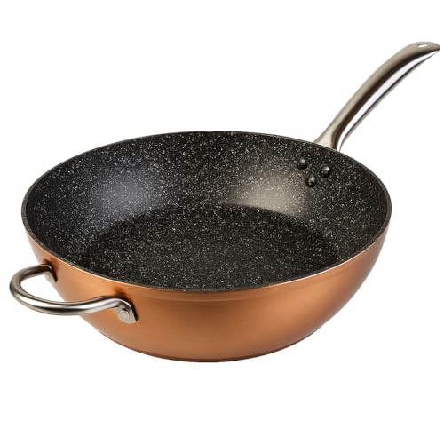 WECOOK! Professional Padella Profonda, Induzione, 32cm, Antiaderente Ecologico in Pietra senza PFOA, Alluminio Forgiato, 2,8 mm Spessore, Rame, Maniglia in Acciaio Inox, Vitroceramica, Gas, Forno