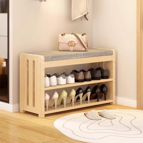 Organiseur de rangement à chaussures à 2 niveaux, banc d'entrée en bois et siège rembourré