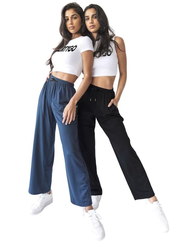 Image of Fflirtygo Cotton Solid Track Pant /Lounge Wear /Pocket Payjama �100% Export Quality Soft Cotton Night Wear /Pocket Pyjama for Women Combo Pack, Black & Blue Pyjama