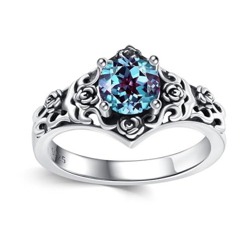 Vintage Style 1 Carat Round Cut Birthstone Ring 925 Sterling Silver Stone with Oxidized Rose Filigree Anniversary Engagement Ring for Women Gifts Size 5-12