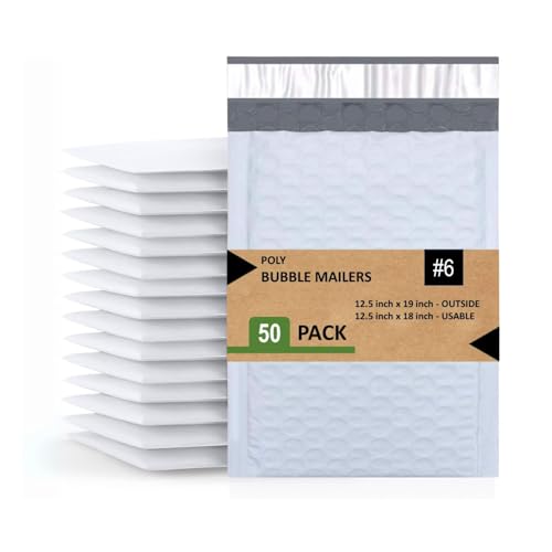 SALES4LESS #6 Poly Bubble Mailers 12.5x19 Inches Shipping Padded Envelopes Self Seal Waterproof Cushioned Mailer, White (PBMVR_12.5X19-50), 50 Pack
