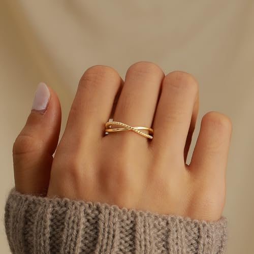 Stackable 14K Gold Plated Criss Cross X Ring Dainty Sterling Silver X Ring for Women Minimalistic Wedding Bands Ring Statement Rings Jewelry Birthday Prom Gifts for Mom Wife2