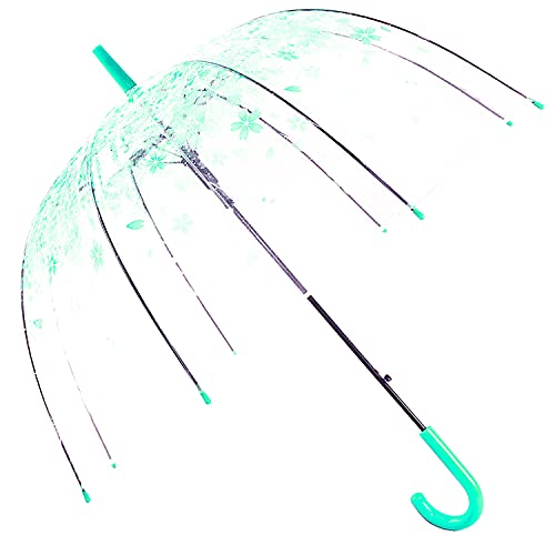 桜柄 透明傘 ドーム型 自動オープ ンジャンプ式 雨傘 長傘 バブルアンブレラ 8本骨 おしゃれ かわいい (緑)