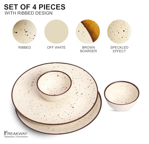 Image of Freakway Handcrafted Ceramic Dinner Set of 4 Pcs | 2 Dinner Plate (10.6 Inch) and 2 Bowl /katori (4.3 Inch) | Bone Ash Free | Microwave and Dishwasher Safe - Off White