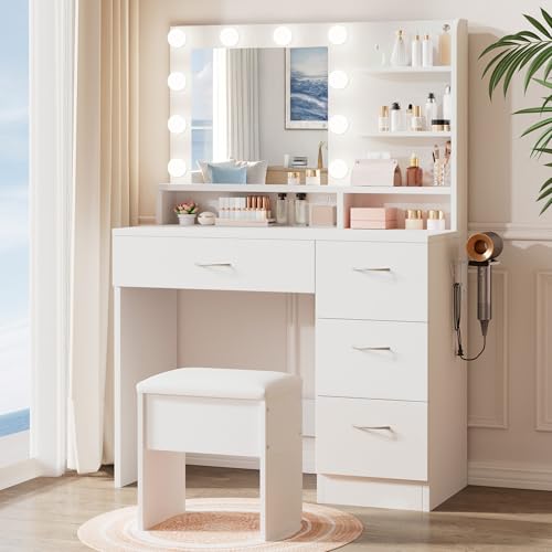 LIVELYGLOW White Makeup Vanity with HD Mirror & 10 LED Bulbs, 34.3' Dressing Table with Charging...