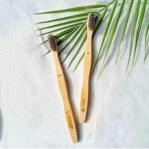 Image of Rusabl Organic Bamboo Toothbrush with Charcoal Soft Bristles, Pack of 2 | Anti-Bacterial, Sustainable, BPA Free, Eco Friendly, Biodegradable Handle