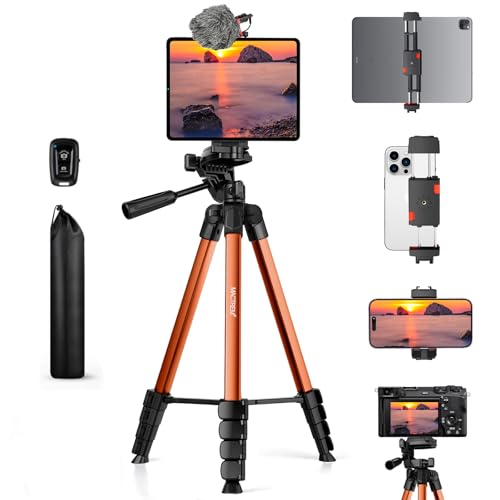 Image of MACTREM 67 inch Tripod Stand for iPad Phone Tablet Camera with 2 in 1 Mount & Wireless Remote, Aluminum Extendable iPhone Tripod for Video Recording /Selfies /Live Stream /Vlogging (Orange)