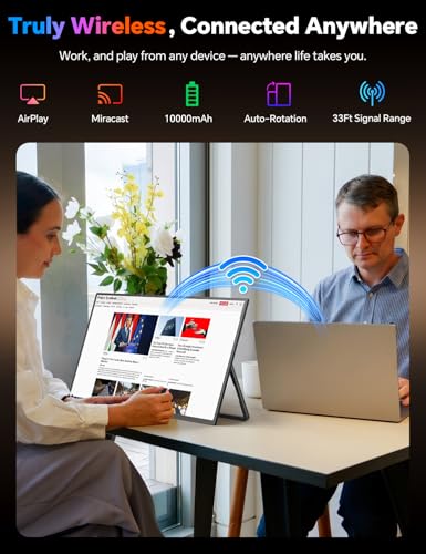 Image of HotYeah 18.5 inch 100Hz Wireless Portable Monitor w /Rechargeable 10000 mAh Battery, Support AirPlay Miracast, 1080P IPS Monitor USB-C HDMI External Display, 2nd Screen for Laptop MacBook PC Phone Tablet