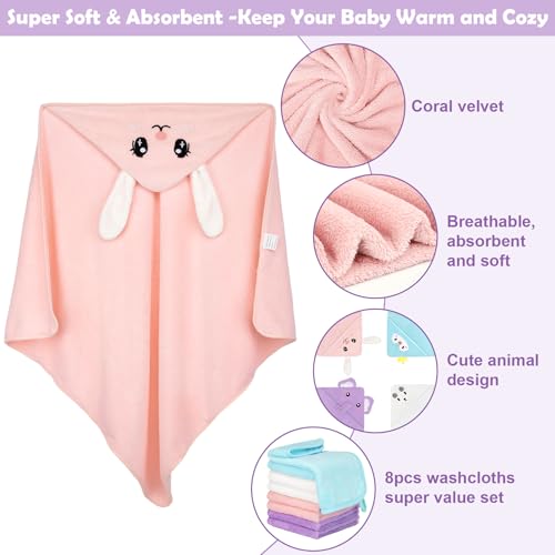 Image of 12 PCS Baby Towels Set, Baby Bath Towels for Toddlers Newborn Essentials | Super Thick Absorbent, Animal Hooded, Soft Cozy, 4 Baby Towels & 8 Washcloths for Girl Boy (Penguin, Elephant, Rabbit, Bear)
