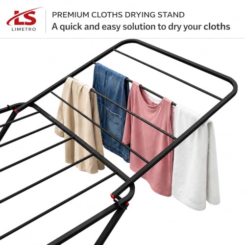 Image of LiMETRO STEEL Foldable Clothes Drying Stand for Balcony & Indoor Use | Heavy Duty Mild Steel Laundry Rack | Space Saving Folding Cloth Dryer Stand | Black
