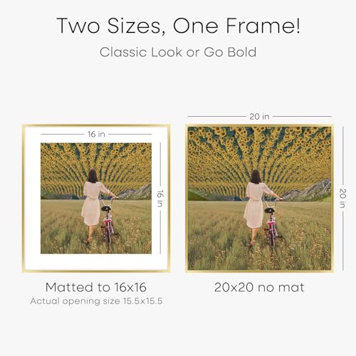 Image of Homeforia 20x20 Picture Frame Gold, High End Metal 20 x 20 Square Poster Frame with Mat 16 x 16 Photo, 20x20 Frame Matted to 16x16 Print, 20by20 Gold Hanging Frames, Tempered Glass, Wall Kit, Set of 2