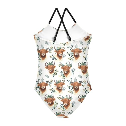 senya Girls Swimsuits One-Piece Swimwear Tie Bathing Suit Beach Summer Round Neck 7-8T Highland Cattle Leaves Pattern2