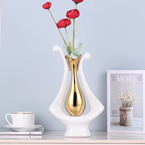 White And Gold Vase Mid-Century Modern Vases For Decor, White Ceramic Vases Home Aesthetics Decorative, Dining Table Stylish Centerpiece, Para Sala Wedding, Party, Mantel, White Gold Decor #TOP6