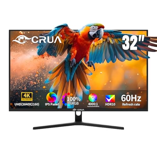 CRUA 32 Inch 4K 60Hz Monitor,UHD (3840 * 2160) IPS Ultra-Slim Bezel Monitor for Photo Video Editing,Immersive Gaming Experience with High Resolution1.07B+ Colors, Adaptive Sync, DP/HDMI, Black