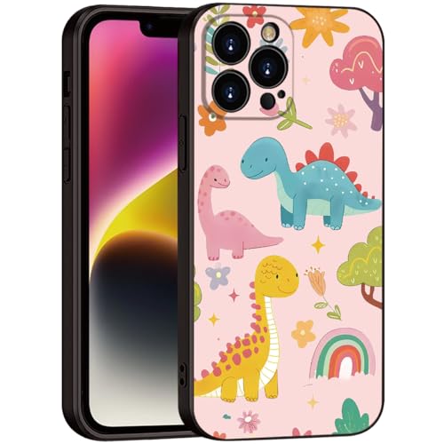 for iPhone 15 pro max Case Dinosaur Cartoon Cute Pink Phone Case - 3 Colorful Dinosaurs with Flowers & Rainbow Design, Playful & Stylish Protective Cover for Girls & Women (B1-cartoon cute dinosaurs)