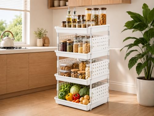 Image of KITCHIVO Multipurpose Storage Rack Organizer with Stainless Steel Pipes | Heavy Duty Plastic Shelf Stand for Kitchen, Bathroom, Laundry & Pantry (White, 4 Layer)