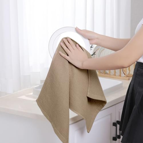 Image of Homaxy 100% Cotton Waffle Weave Kitchen Dish Towels, Ultra Soft Absorbent Quick Drying Cleaning Towel, 13 x 28 Inches, 4-Pack, Tan