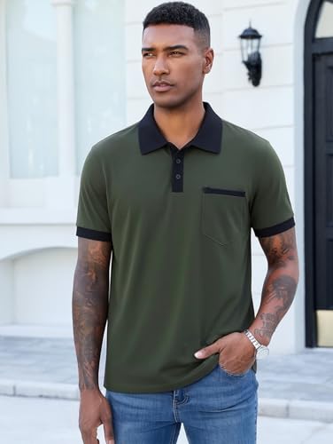 Image of Men's Casual Polo Shirts Summer Short Sleeve Contrast Collar Buttoned Tee Polo Shirt with Pocket