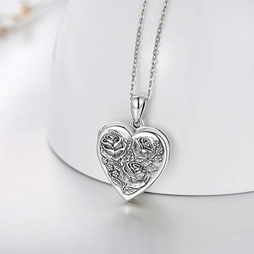 Medwise 925 Sterling Silver Locket Necklace That Holds Pictures Photo Necklace Oxidized Rose Flower Heart Pendnat Lockets Gifts For Women Birthday Christmas Gifts #TOP1