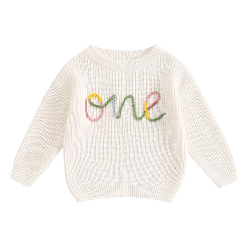 VISGOGO First Birthday Outfit Girl 1st Birthday Boy Gifts Sweatshirt Girls One Birthday Sweater Knitted Tops Fall Winter (A White, 12-18 Months)
